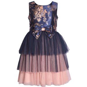 Bonnie Jean Girls Navy Pink Foiled Shantung Tiered Mesh Dress